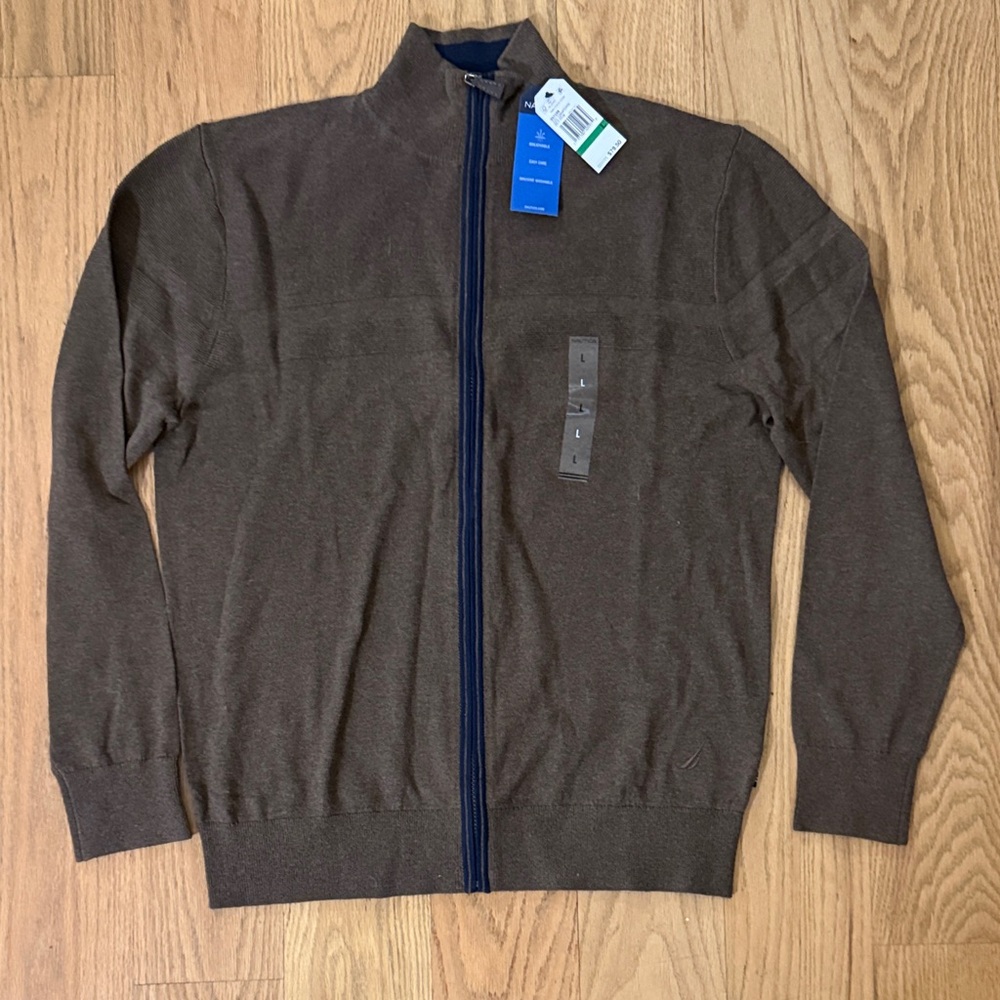 Nautica Men's Large Brown Zip-Up Sweater NWT